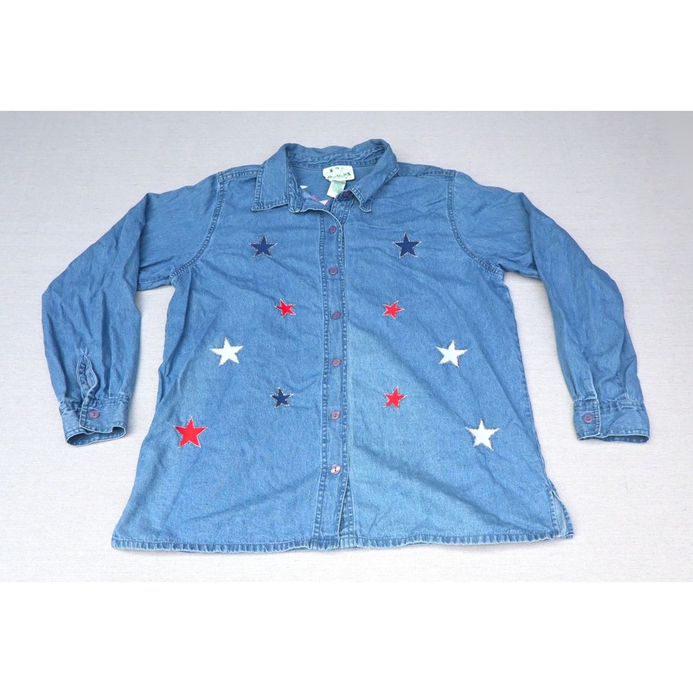 Quacker Factory Womens L Vintage 90s 100% Cotton Denim Shirt Blue Novelty Stars
